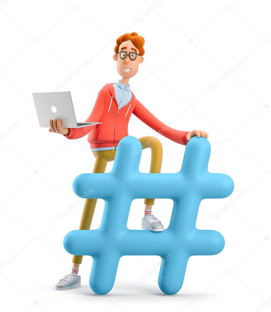 3d illustration. Nerd Larry with hashtag sign. Social network modern communication concept.