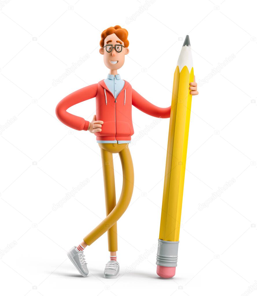 3d illustration. Nerd Larry holding big pencil.  Concept of creativity, creative thinking, innovative idea, innovation, inspiration for artist, creator.