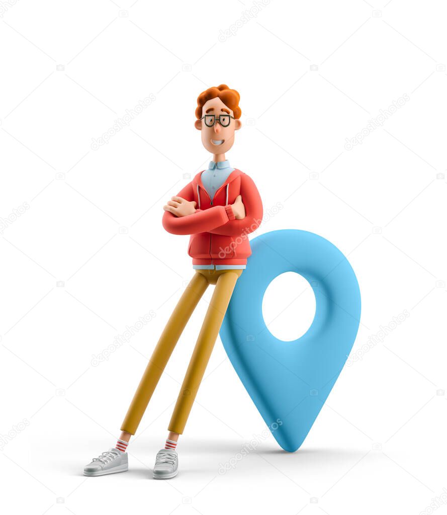 3d illustration. Nerd Larry with pin sign. Navigation concept.
