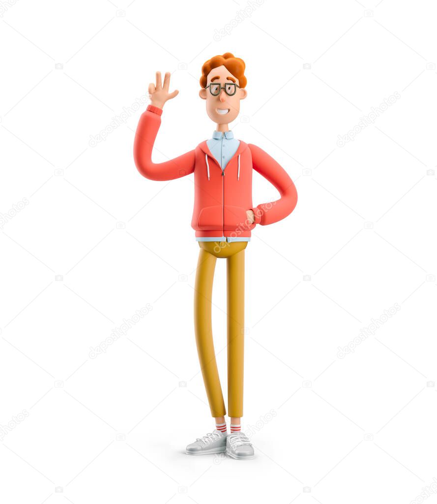 3d illustration. Nerd Larry greeting you. Peace gesture.
