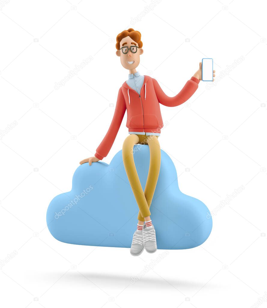 3d illustration. Nerd Larry sits on big cloud sign. Concept mobile application and cloud services.