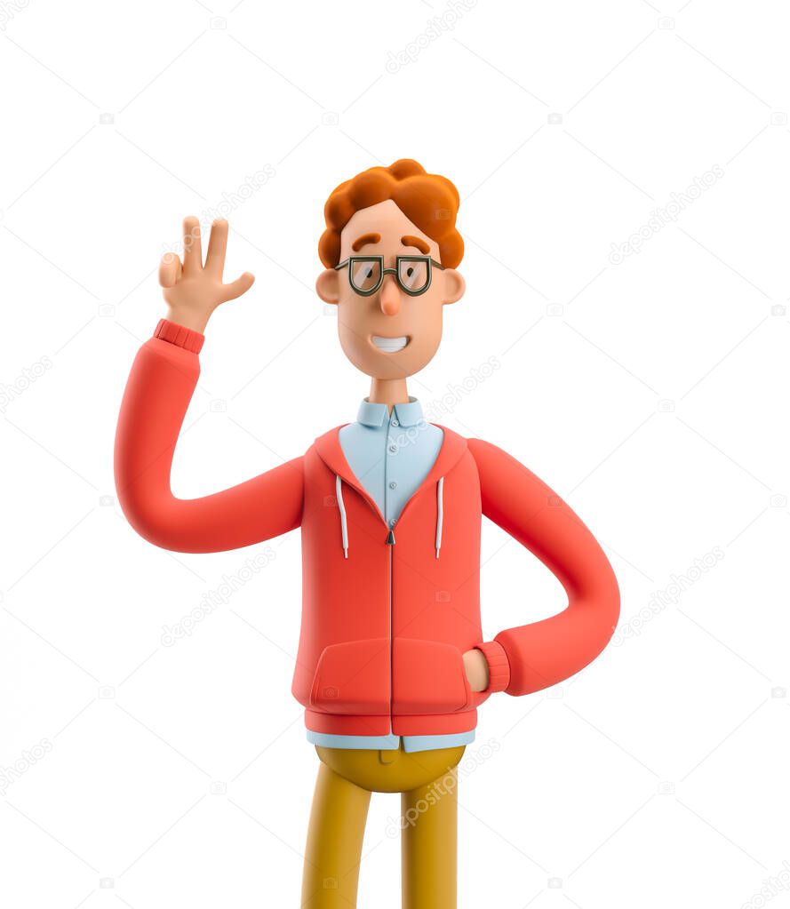 3d illustration. Nerd Larry greeting you. Peace gesture.