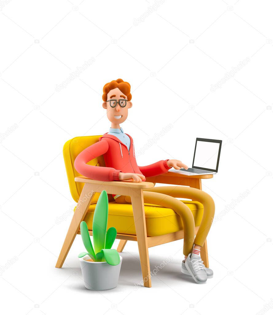 3d illustration. Nerd Larry  sits in an armchair with laptop. The concept of distance work, study and communication in comfortable conditions at home.