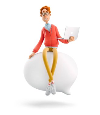 3 boyutlu illüstrasyon. İnek Larry bir balon konuşmasında oturuyor. Sosyal medya kavramı.