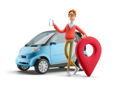 3 boyutlu illüstrasyon. Zeki arabası olan inek Larry. Araba paylaşım kavramı.