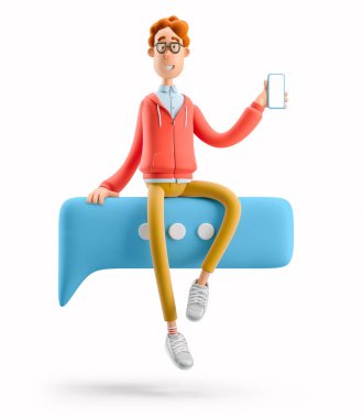 3 boyutlu illüstrasyon. İnek Larry bir balon konuşmasında oturuyor. Sosyal medya kavramı.