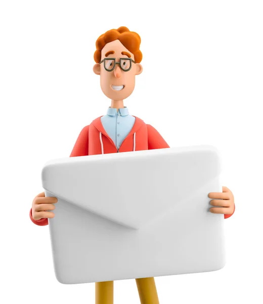 Ilustracja 3D. Nerd Larry trzyma kopertę mailingową. — Zdjęcie stockowe
