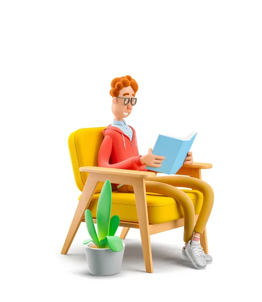 Studie en onderwijs concept. 3d illustratie. Nerd Larry leest een boek terwijl hij in een stoel zit — Stockfoto