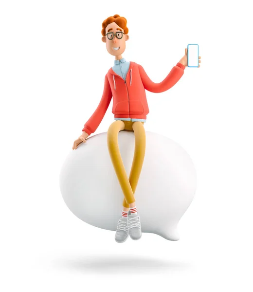 3d illustration. Nerd Larry sits on a bubble talk. Social media concept. — Stock Photo, Image