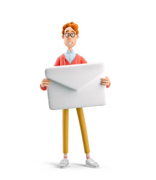3D-illustration. Nerd Larry håller i ett kuvert. — Stockfoto
