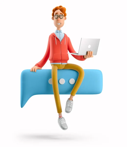 3D-illustration. Nerd Larry sitter på ett bubbelsnack. Begreppet sociala medier. — Stockfoto