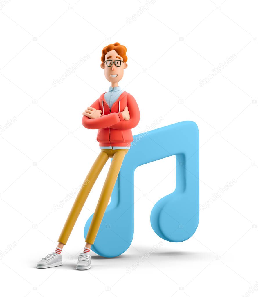 3d illustration. Nerd Larry with large music icon.