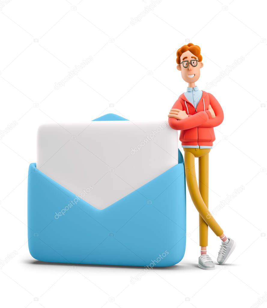 3d illustration. Nerd Larry standing next to a large mail.