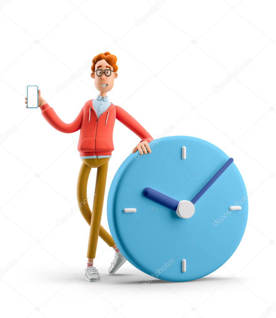 3d illustration. Nerd Larry with big clock. Time management concept. 