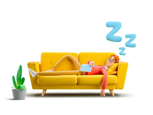 Ilustracja 3D. Nerd Larry śpi na żółtej kanapie. — Zdjęcie stockowe