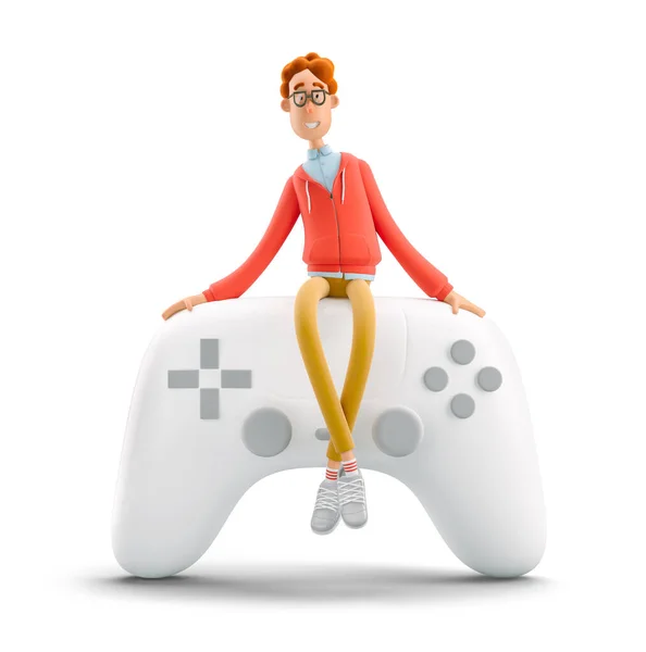 Ilustracja 3D. Nerd Larry z gamepadem. Koncepcja gier. — Zdjęcie stockowe