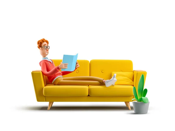 3D-illustration. Nerd Larry läser en bok på soffan — Stockfoto