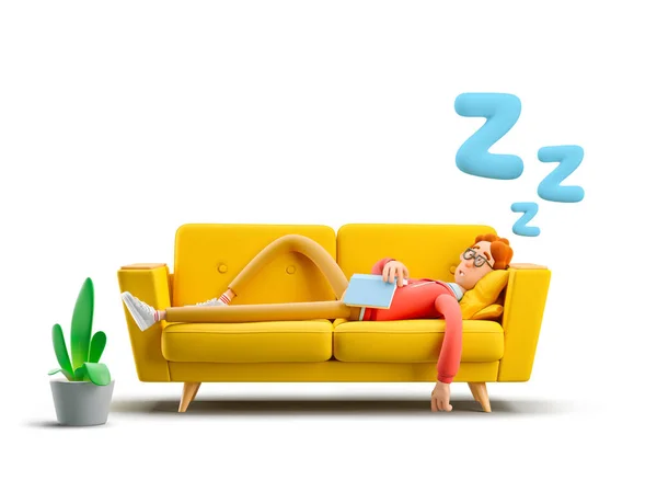3D illusztráció. Kocka Larry egy sárga kanapén alszik.. — Stock Fotó