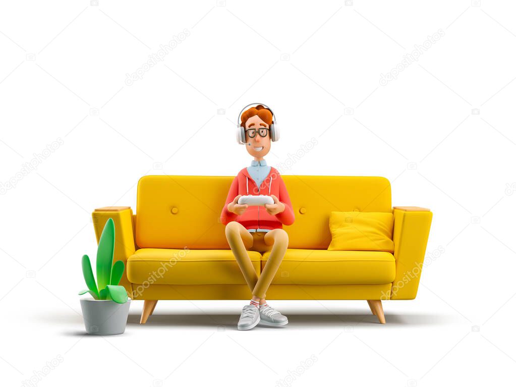 3d illustration. Nerd Larry playing video games while sitting in sofa. Gaming concept.