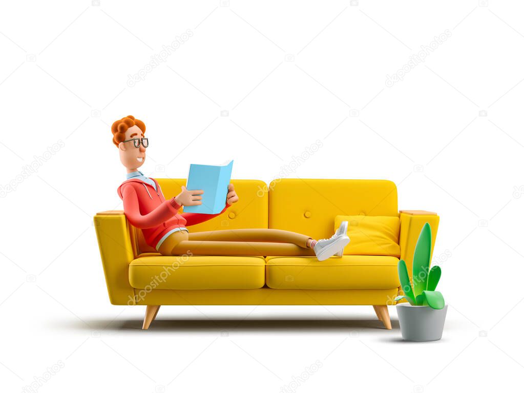 3d illustration. Nerd Larry reading a book on the couch