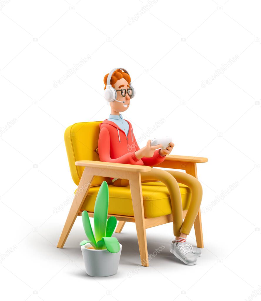 3d illustration. Nerd Larry playing video games while sitting in a chair. Gaming concept.