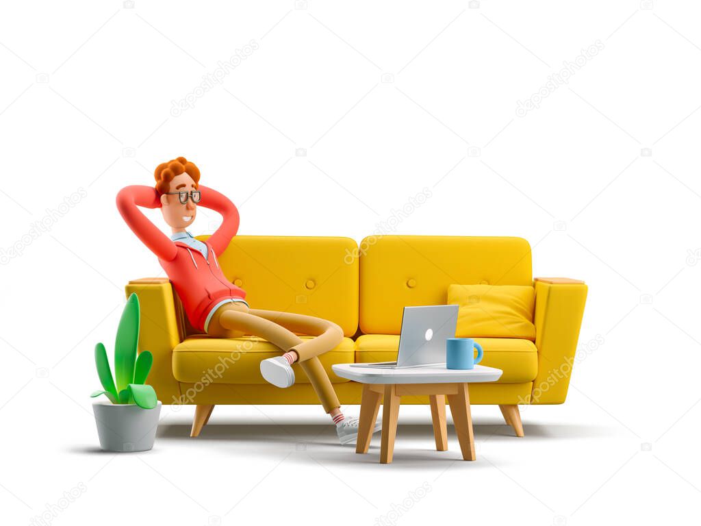 3d illustration. Nerd Larry lying on the couch and watching a video on a laptop.