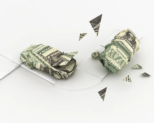 Incidente automobilistico origami dollaro rendering 3D — Foto Stock