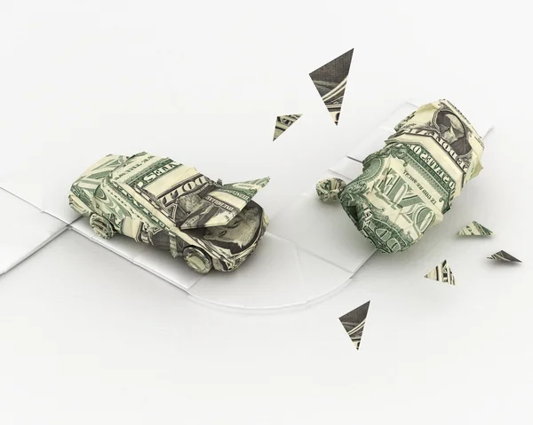 Auto ongeluk dollar origami 3D-rendering — Stockfoto