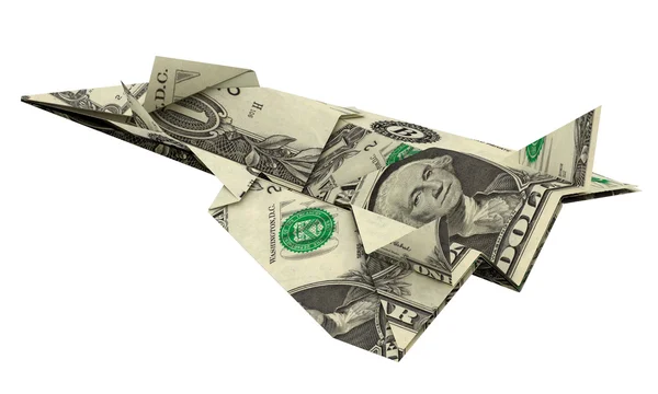 Papír letadla peníze na bílém pozadí — Stock fotografie