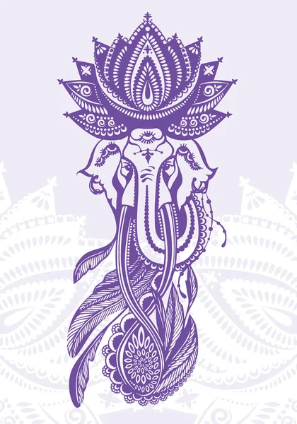 Ručně Kreslený Potetovaný Indický Slon Henna Lotosovým Vzorem Peřím Vektorová — Stockový vektor