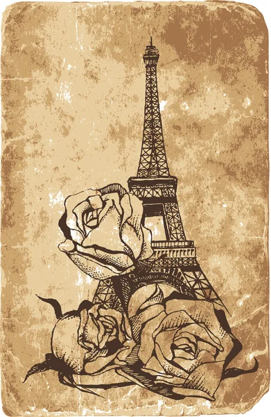 Zeichnung des Eiffelturms mit Rosen auf altem Papierhintergrund — Stockvektor