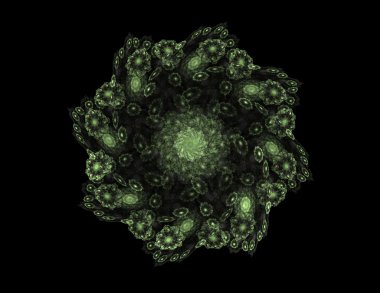 Soyut fraktal desen ve şekiller. Dijital sanat yaratıcı grafik tasarım için. Simetrik fraktal simge siyah arka plan üzerine