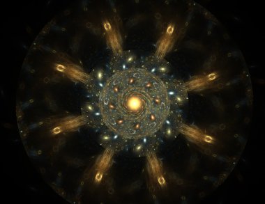 Soyut fraktal desen ve şekiller. Dijital sanat yaratıcı grafik tasarım için. Simetrik fraktal simge siyah arka plan üzerine