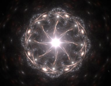 Temel parçacıklar serisi. Nükleer fizik ve grafik tasarımı konularında soyut fraktal formların etkileşimi.