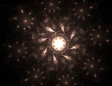 Temel parçacıklar serisi. Nükleer fizik ve grafik tasarımı konularında soyut fraktal formların etkileşimi.