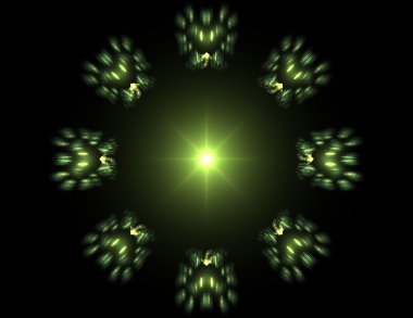 Temel parçacıklar serisi. Nükleer fizik ve grafik tasarımı konularında soyut fraktal formların etkileşimi.