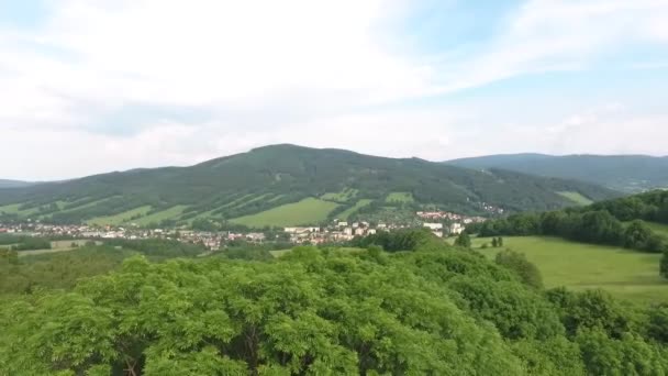 Luchtfoto. Vlucht over een groene grazige rotsachtige heuvels. — Stockvideo