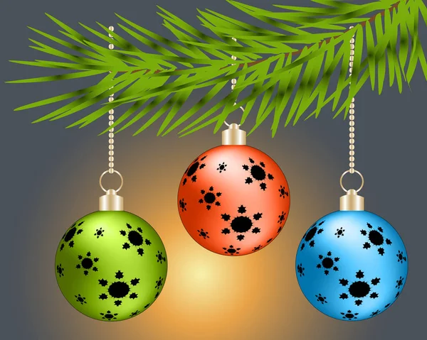 Ilustração Vetorial Ramo Árvore Natal Com Ornamentos Natal Pendurados Guirlanda — Vetor de Stock
