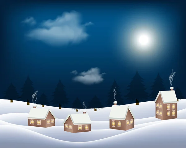 Vector Beeld Van Kleine Hut Houten Huis Kerst Winter Nacht — Stockvector