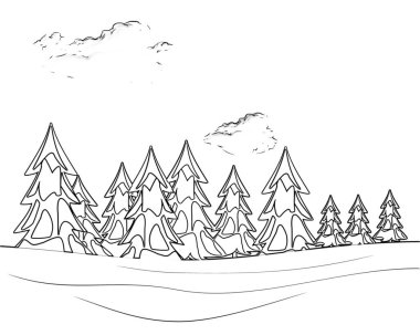 Ağaçlar ve gökyüzüyle canlı bir bahar manzarası. Bulutlar ve gölgeler. İlkbahar ya da yaz mevsimleri. Sade ve basit illüstrasyon.