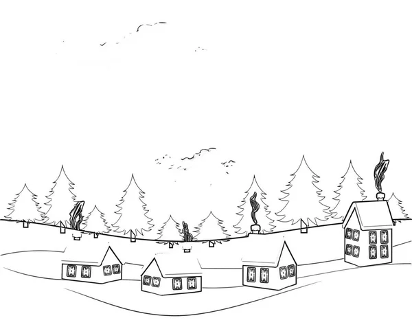Ilustrace Ručně Kreslená Krajina Cestou Domu Borovicovým Lesem Návrh Čar — Stock fotografie