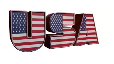 Metnin içinde Amerikan bayrağı olan 3D resimli ABD metni. Beyaz arka planda 3D görüntüleme. ABD bayrağı yazılı. Harflerle Amerikan bayrağı. Ulusal amblem. Vatansever illüstrasyon.