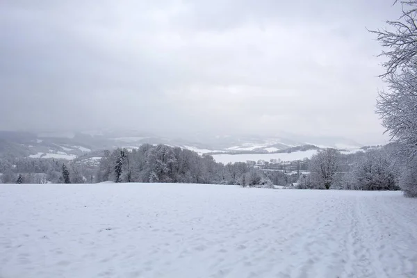 Snöstorm Bergen Magisk Natur Med Moln Och Dimma Solig Vintermorgon — Stockfoto