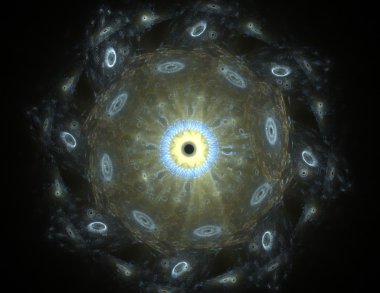 Temel parçacıklar serisi. Nükleer fizik ve grafik tasarımı konularında soyut fraktal formların etkileşimi.