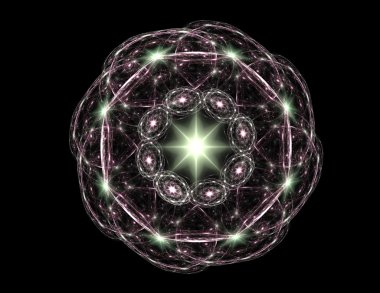 Temel parçacıklar serisi. Nükleer fizik ve grafik tasarımı konularında soyut fraktal formların etkileşimi.