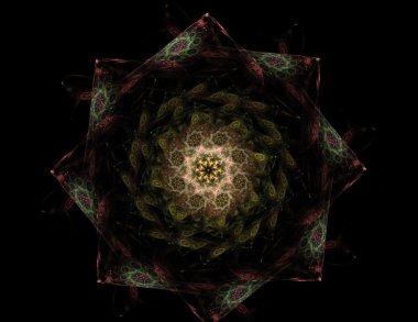 Soyut fraktal desen ve şekiller. Dijital sanat yaratıcı grafik tasarım için. Simetrik fraktal simge siyah arka plan üzerine