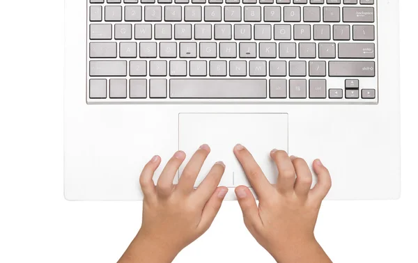 Female hands using laptop. business girl using touchpad on white — Stock Photo, Image