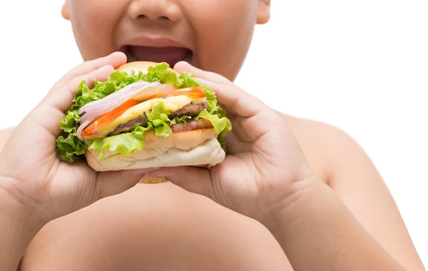 Hamburguesa en mano de niño gordo obeso — Foto de Stock