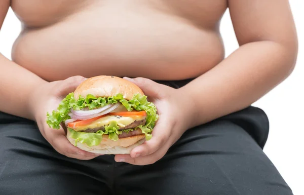 Hamburguesa de queso de cerdo en mano de niño gordo obeso aislado — Foto de Stock