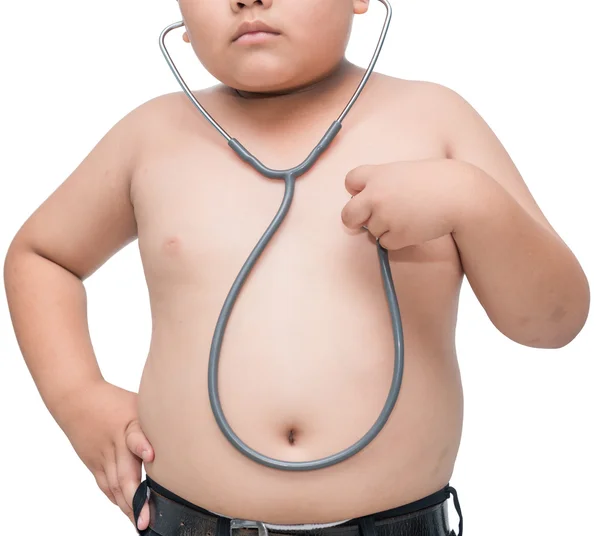 Obsese asian boy check heart by stethoscope — Stock Photo, Image